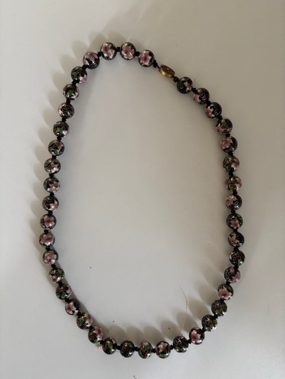 Vintage Hand-Painted Floral Cloisonné Bead Necklace - Pink on Black